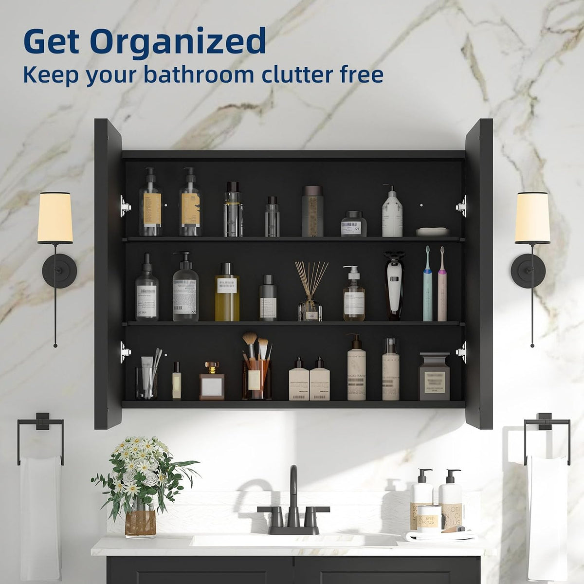 Bathroom Medicine Cabinet with Mirror 24 x 30 Inch, Black Medicine Cabinet Re...
