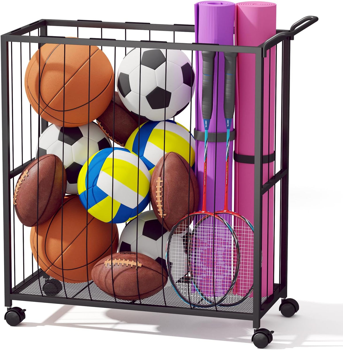 Ball Storage Bin Rolling Sports Ball Cart, Black