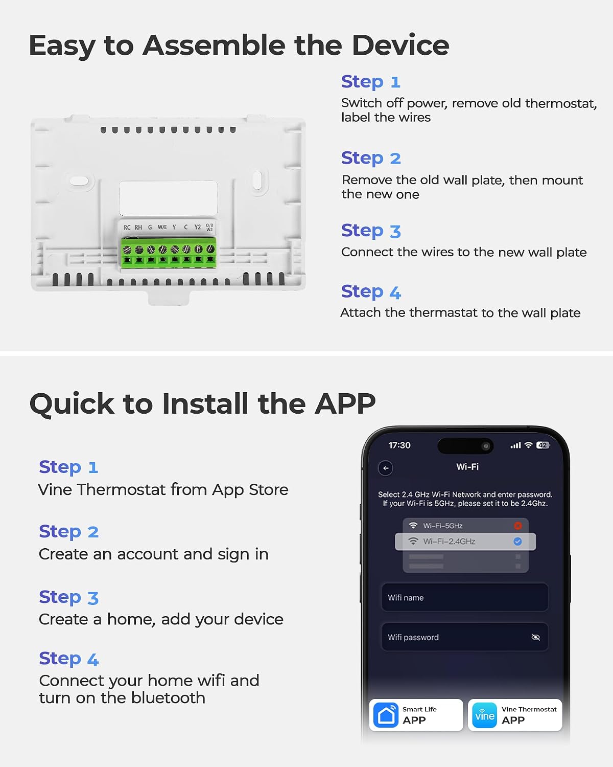 Vine Smart Thermostat for House with Nightlight, 4.3 Inches WiFi Thermostats ...