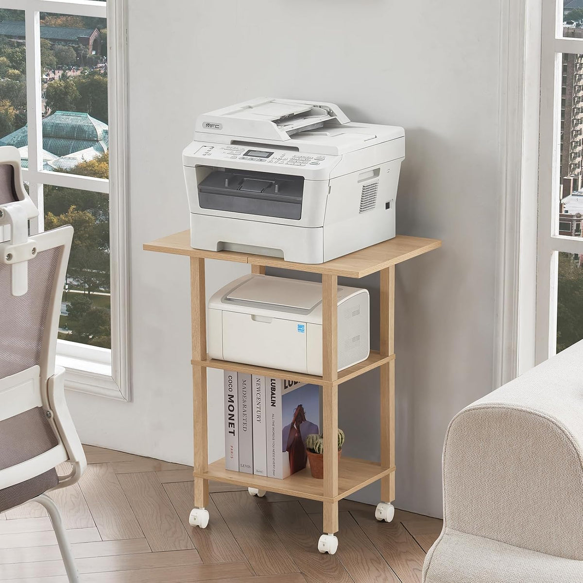 3 Tier Home Printer Stand with Storage, Natural