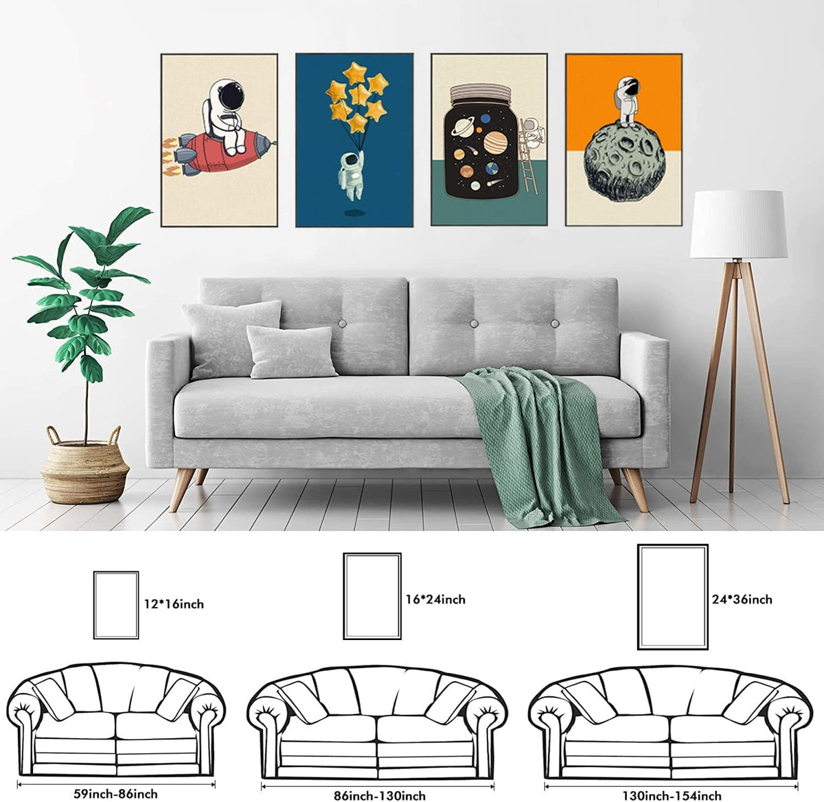 Framed Space Room Decor, 4 Piece Canvas Wall Art, 12x16 Inch | Space Room Boh...