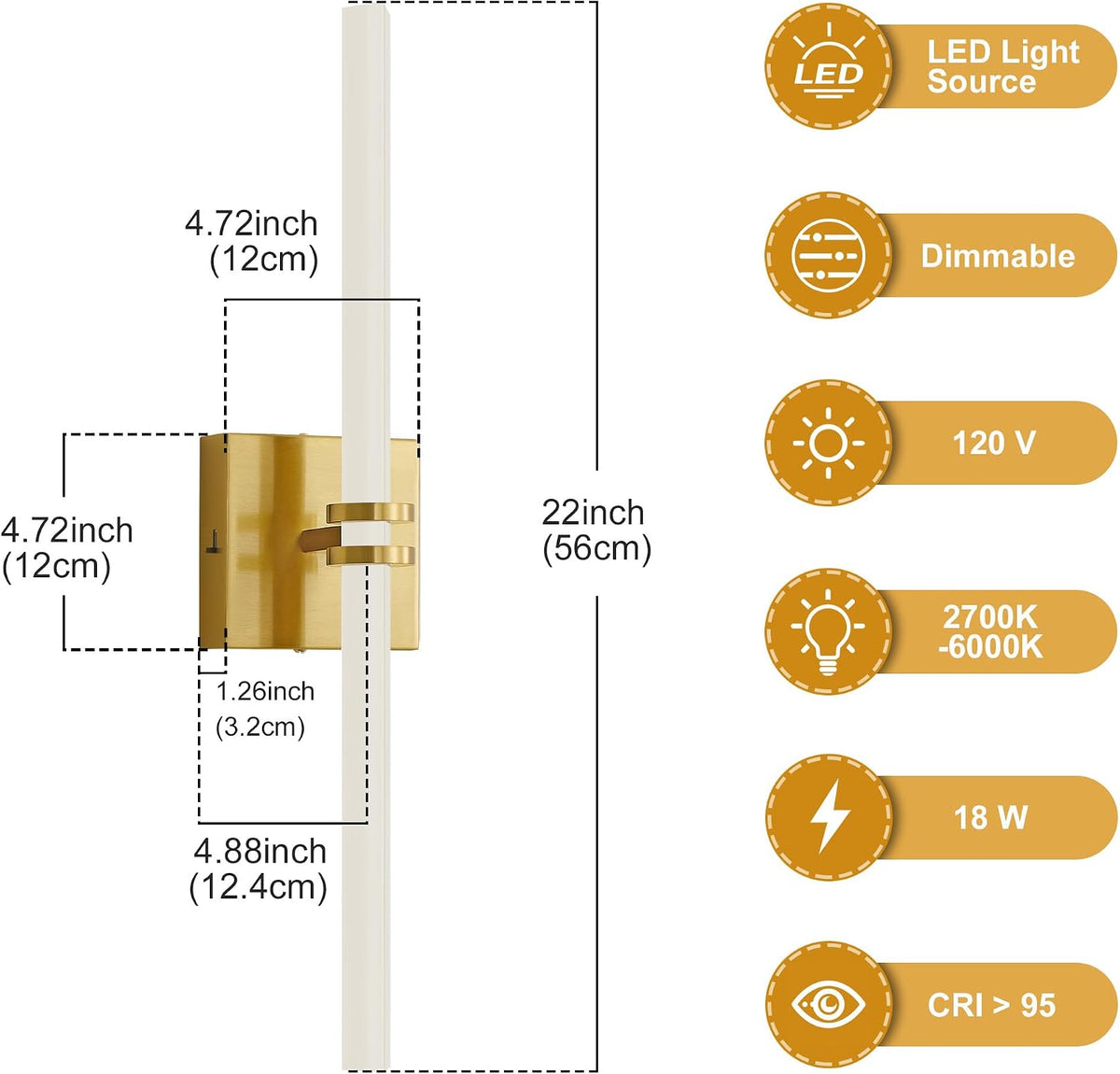 Gold Bathroom Light Fixture LED Vanity Light 22" 5CCT Wall Sconce