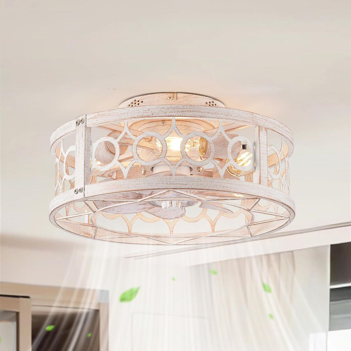 LEDIARY 16in Caged Low Profile Ceiling Fan Light with Remote White Gold