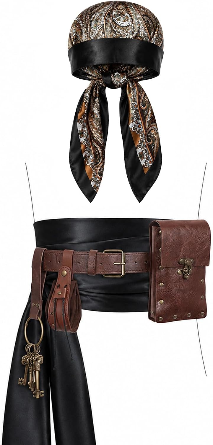 Renaissance Pirate Belt with Pouch Waist Bag, Pirate Head Scarf 7-Pack