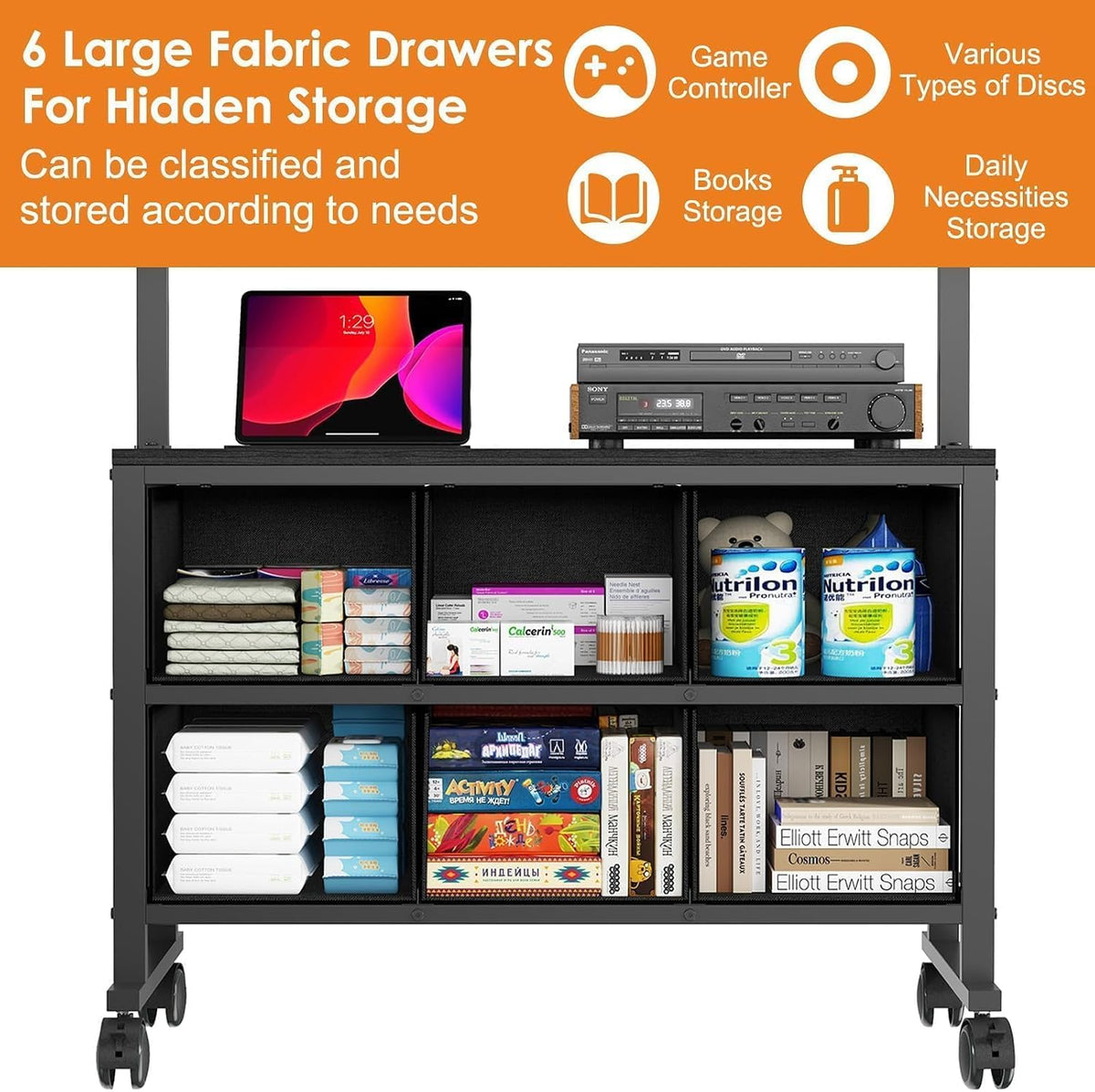 Portable Mobile TV Cart Rolling TV Stand with 6 Drawers for 23-72 in TV