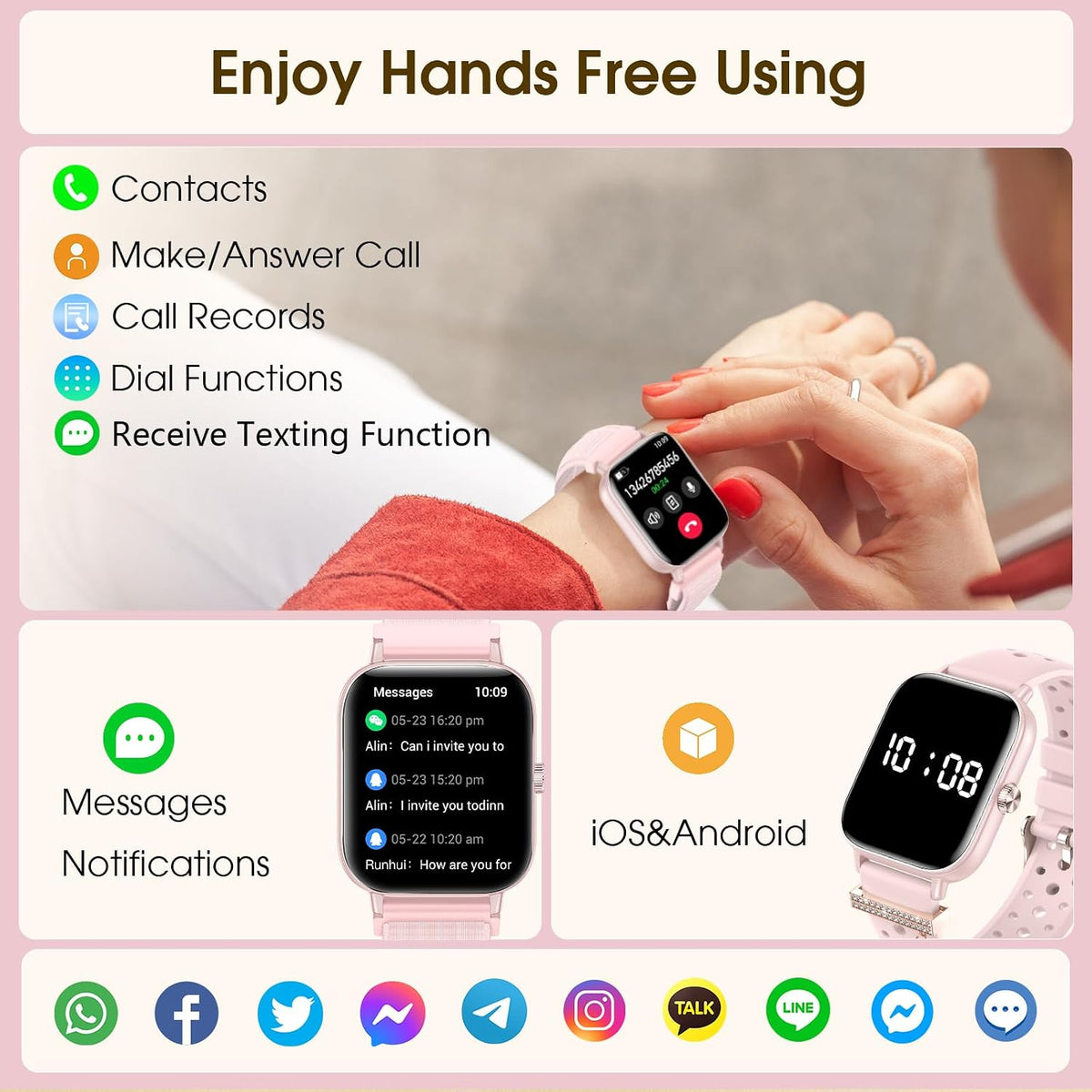 Smart Watch for Women 3 Bands 1.83" HD Fitness Tracker Sleep Monitor Pink