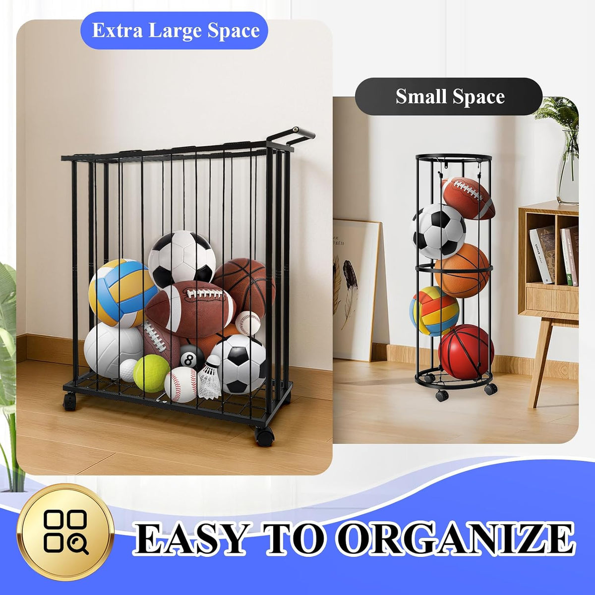 Large Garage Ball Storage Rack with Wheels for Basketball & Soccer
