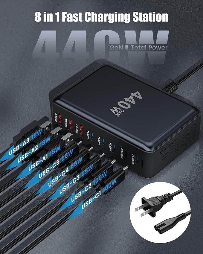 440W USB C Charger Block, 8-Port USB C Charging Station GaN IV Travel