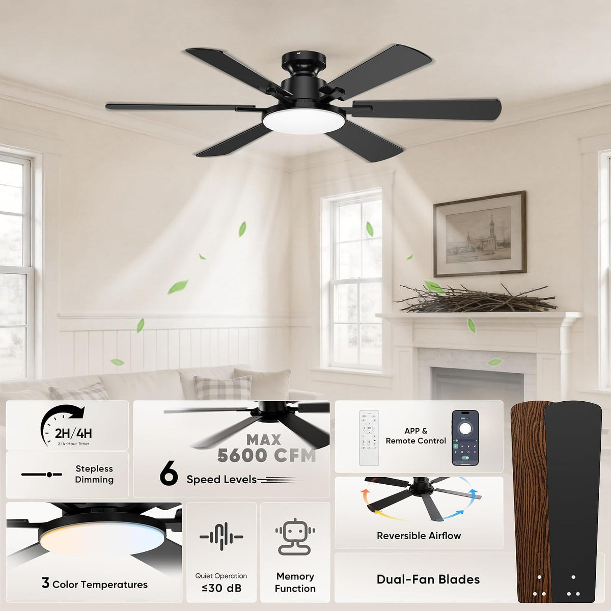 52'' Ceiling Fan with Light Remote/APP Control for Living Room