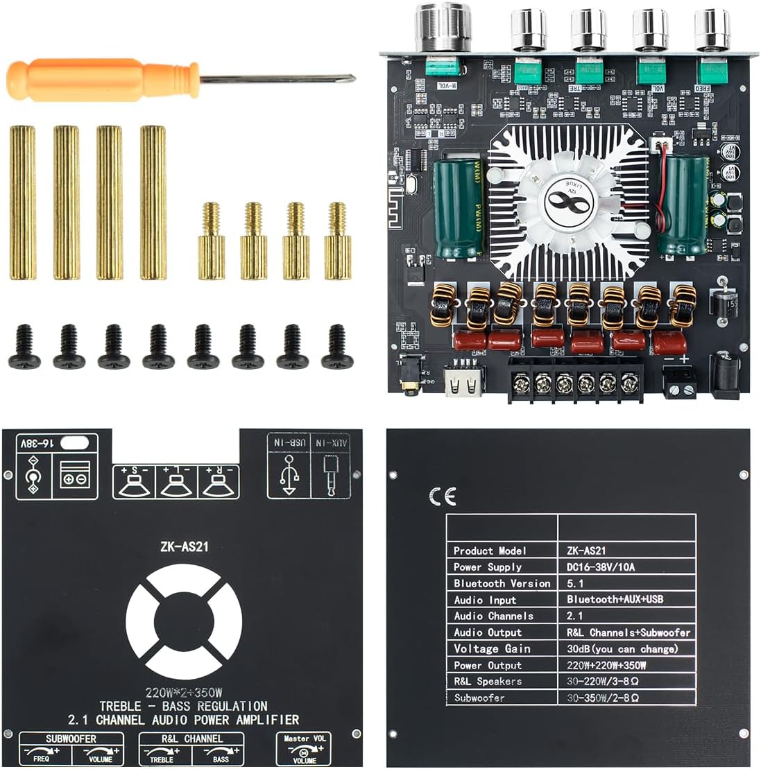 ZK-AS21 TPA3255 Bluetooth 5.1 Power Amplifier Board HiFi 2.1 Channel 220Wx2+3...