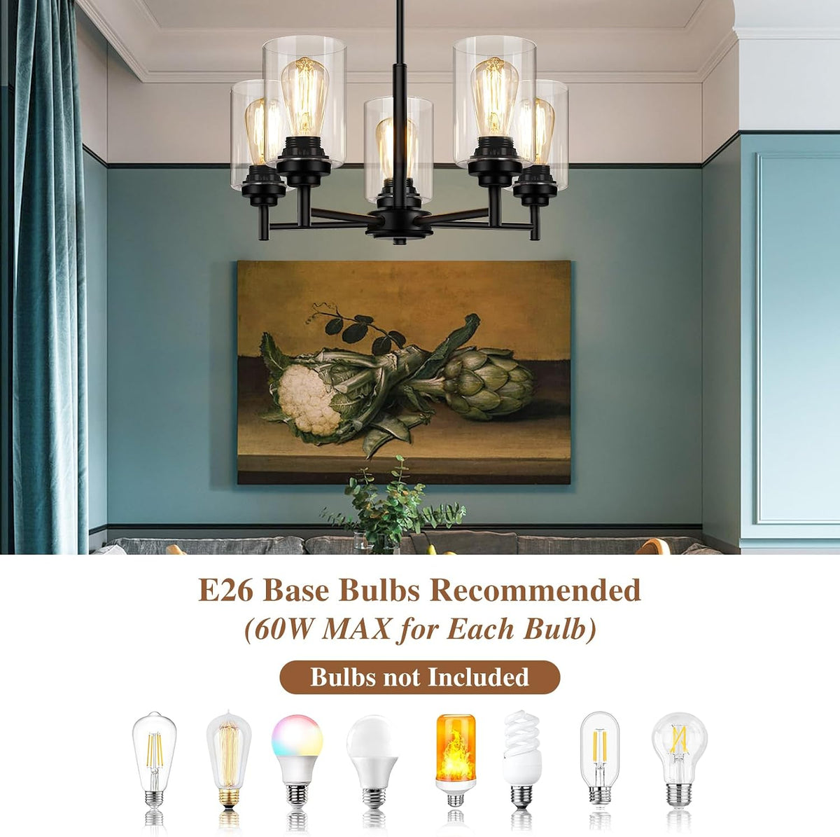D19.8" Chandelier for Dining Room, 5-Light Black Kitchen Light Fixture