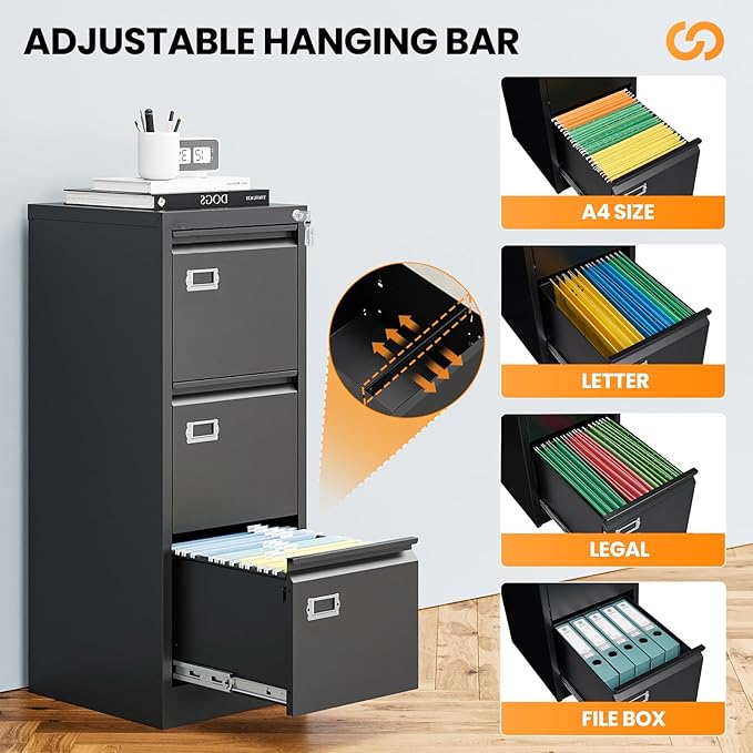 3 Drawer File Cabinet with Lock, Metal Filing Cabinets