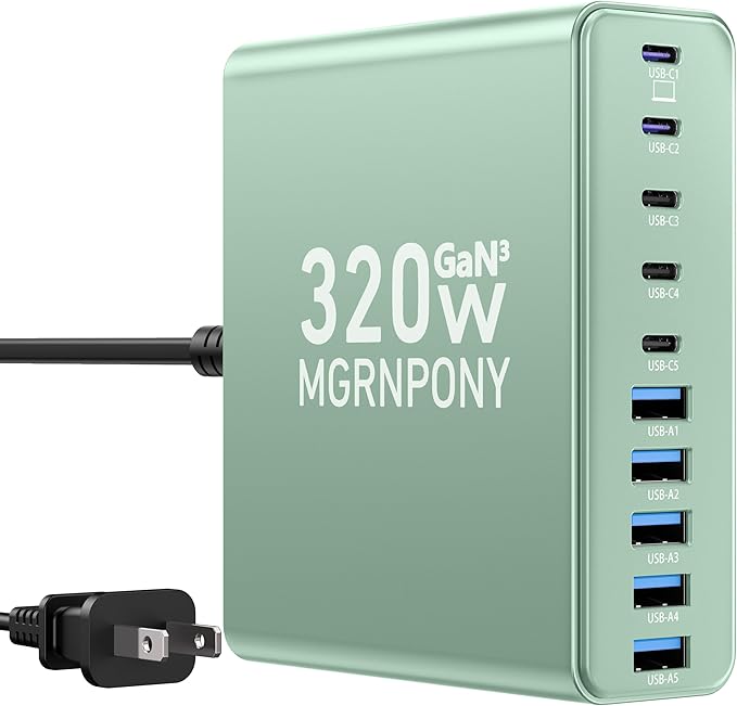 320W USB C Charger Block, 10-Port USB C Charging Station GaN III PD 65W PC