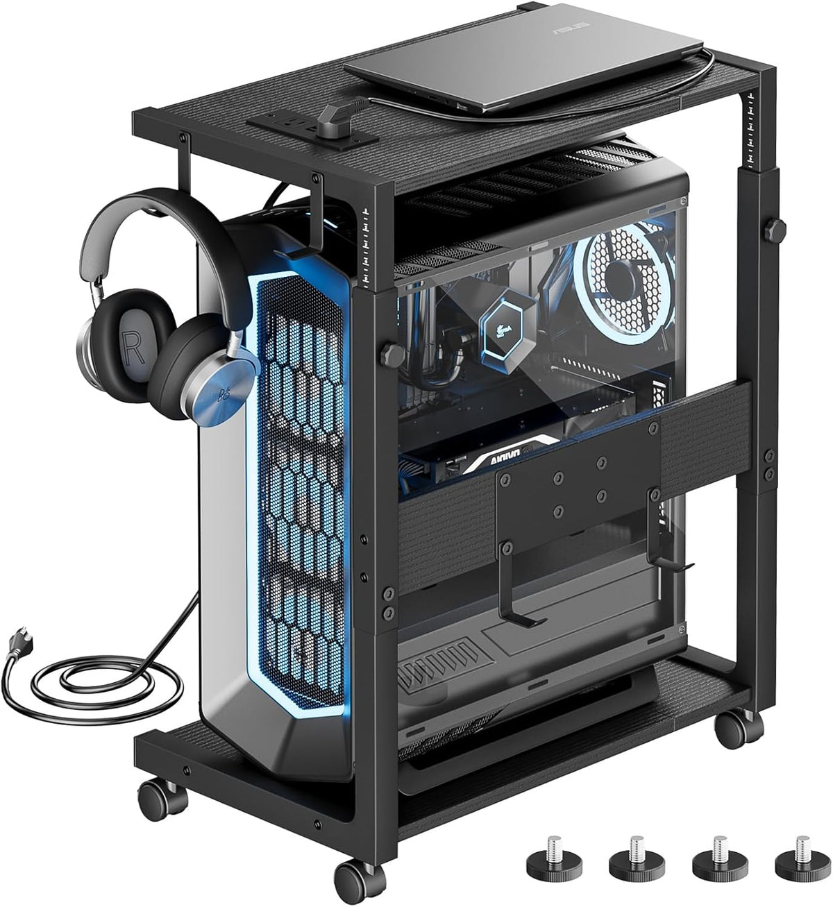 Computer Tower Stand with Power Outlet - 10-Level Height Adjustable