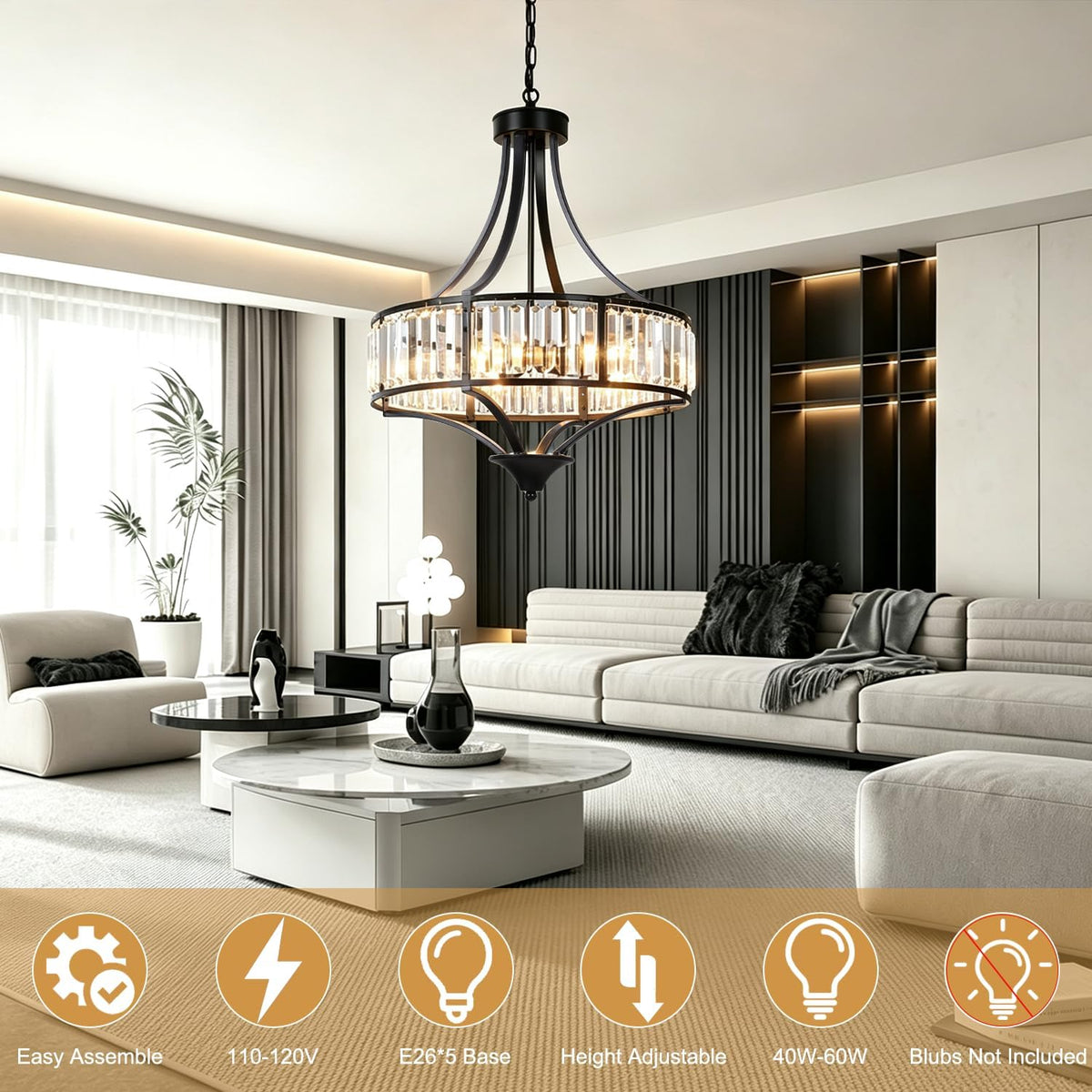 5-Light Black Crystal Chandelier, Modern Farmhouse Dining Room Light Fixture ...