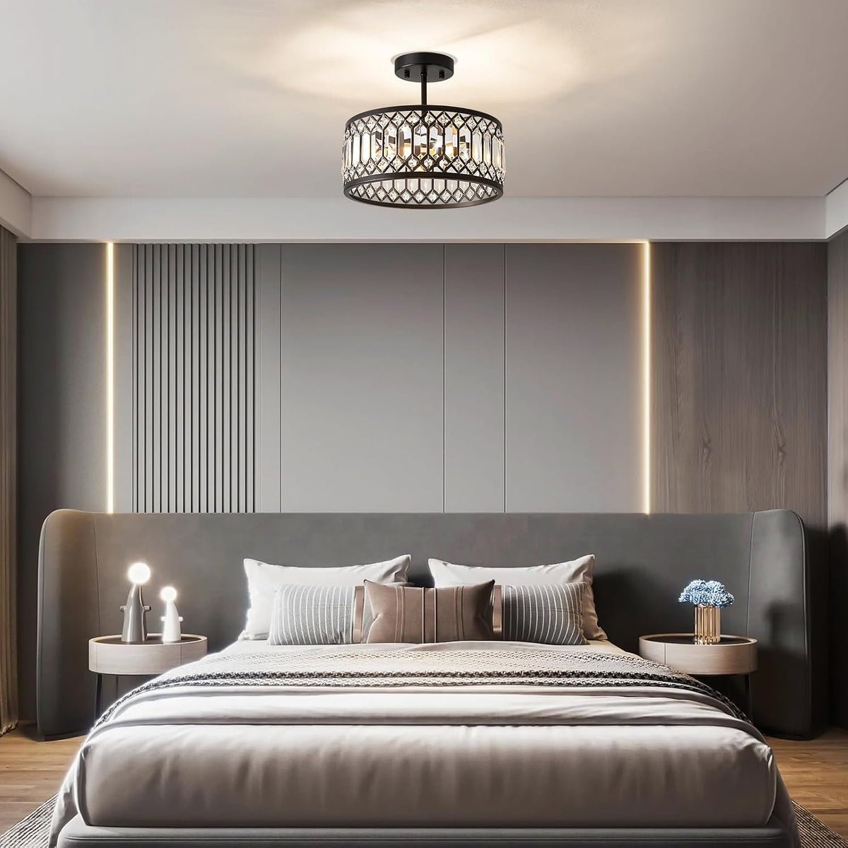 Pevfah Crystal Black Ceiling Light, 3-Light Semi Flush Light Fixture, 12 in