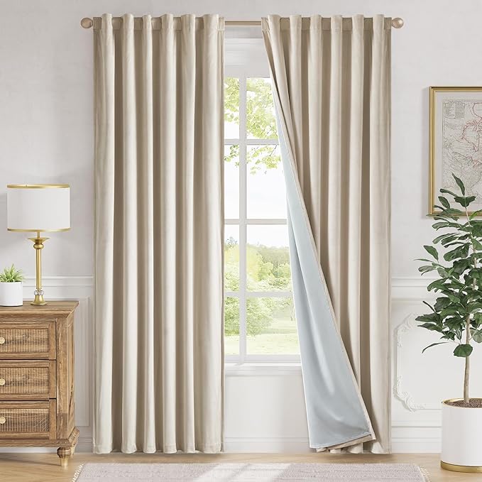 Lazzzy Beige Velvet Blackout Curtains 90 Inches Long Thermal Insulated Room