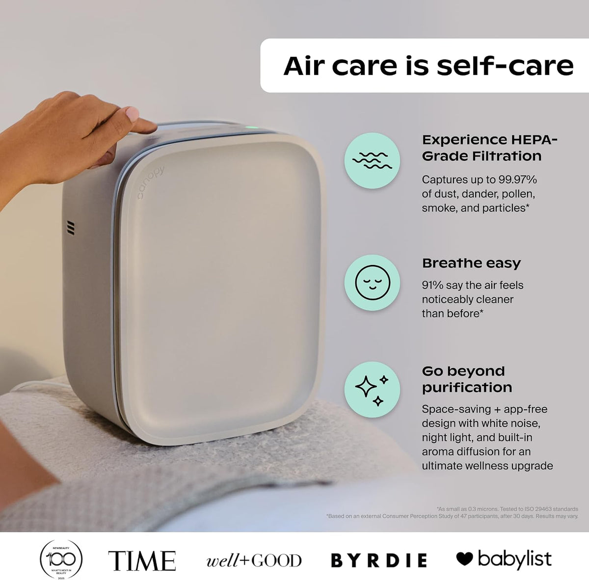 Canopy Bedside Air Purifier, HEPA-13, Traps Dust & Pollen, White Noise