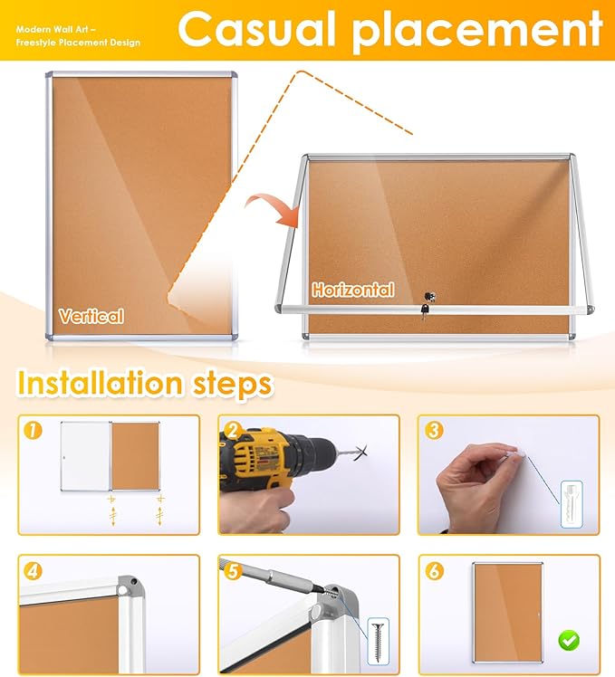 SWANCROWN Enclosed Bulletin Cork Board 36x24 in, Lockable Bulletin Board
