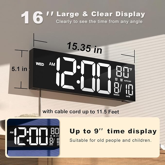 JALL 16" Large Digital Wall Mount Clock, Count Down Timer, Big LED, Temp...