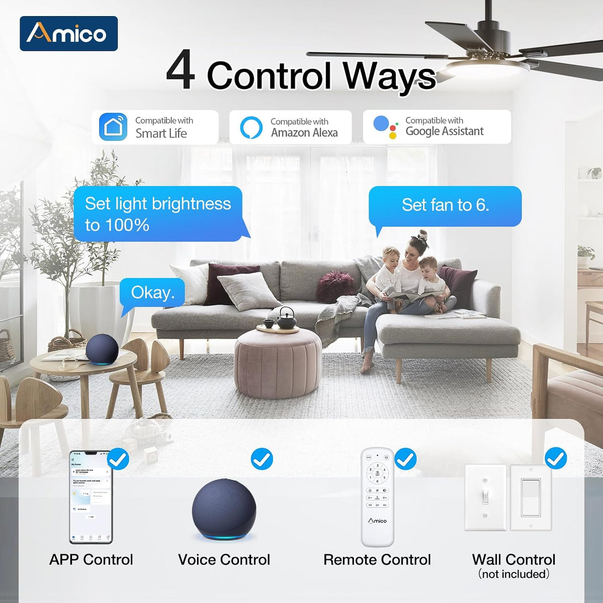 Amico 52 Inch Smart Ceiling Fans with Lights, Downrod Mount, Black
