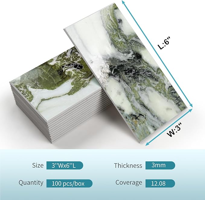 Vamos Tile 100-Piece Glossy Ice Green Peel and Stick Backsplash Tile, Stick on