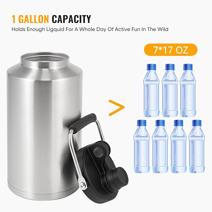 Insulated Gallon Jug with Handle, One Gallon, 128oz Stainless Steel, Large