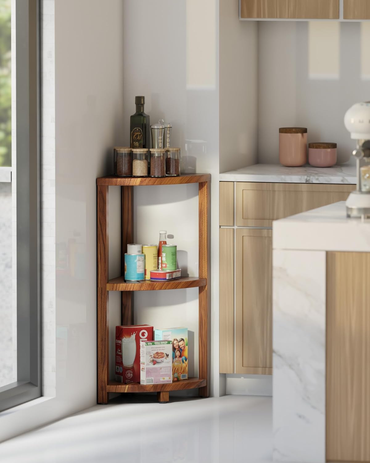 BLUEWEST 3-Tier Wooden Corner Shower Caddy Organizer with Anti-Slip Feet (Aca...