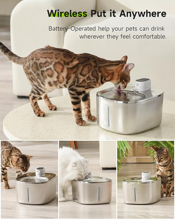 Cat Water Fountain Stainless Steel, 152oz/4L Wireless Pet Fountain Battery