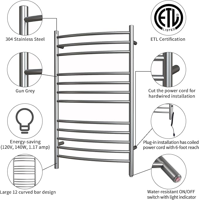 HEATGENE Towel Warmer Gun Grey, Electric Hot Towel Rails, Wall-Mounted Large 12