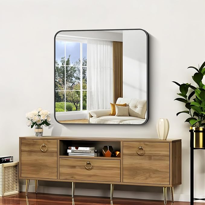 Bathroom Mirror, Metal Frame Rounded Corner Vanity Mirror, Large Wall Mounted