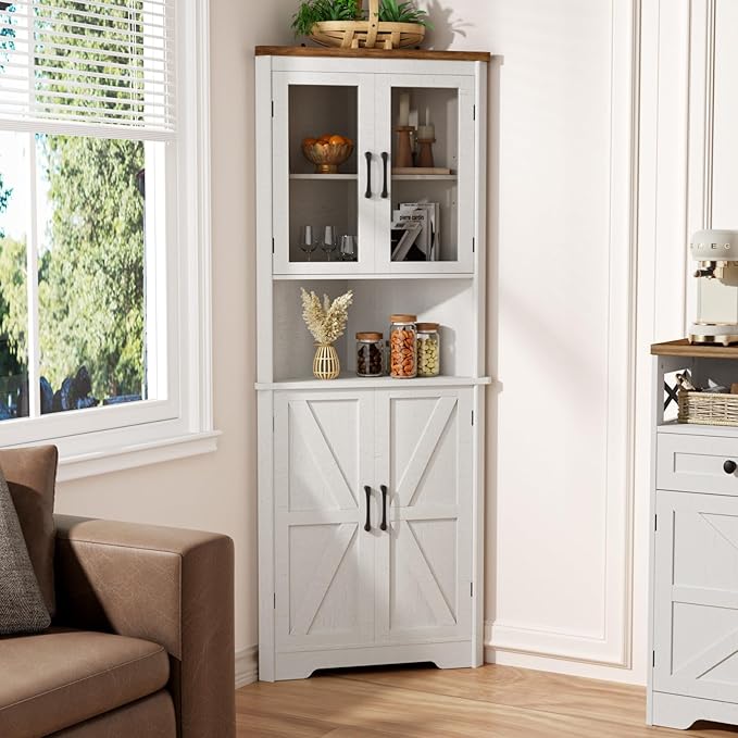 67''H Tall Corner Cabinet with 4 Tempered Glass Doors and Barn Doors,...