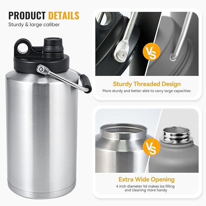 Insulated Gallon Jug with Handle, One Gallon, 128oz Stainless Steel, Large