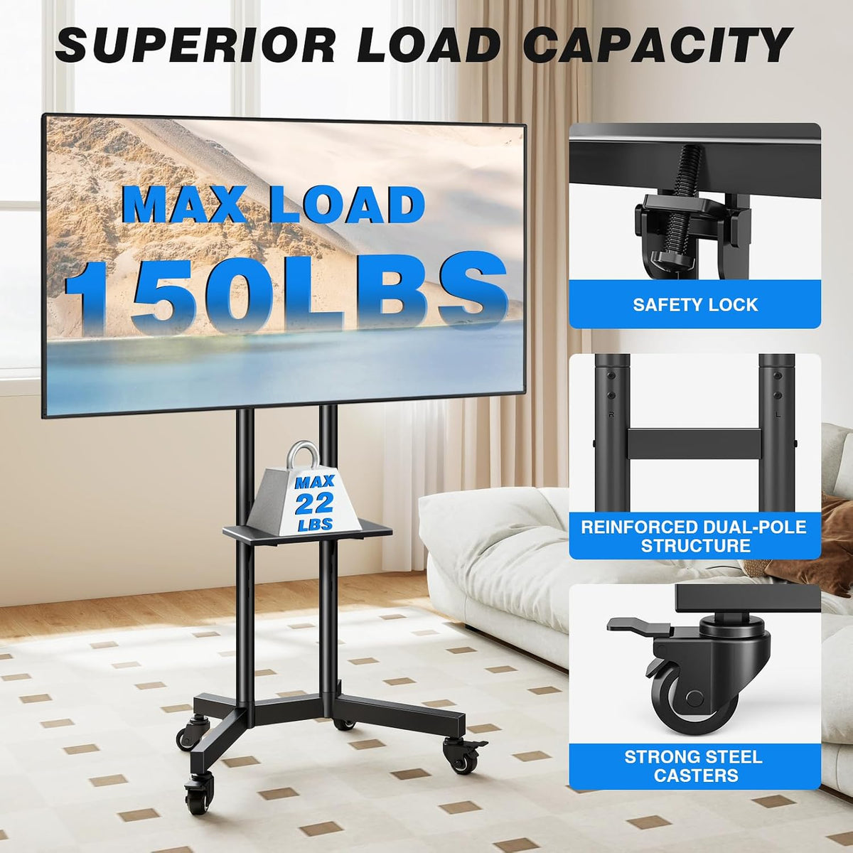 Portable Rolling TV Stand with Shelf for 32-85 in TVs up to 150 lbs