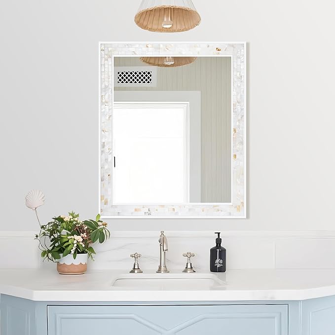 Tanmicoshomy 30 x 36 Inch White Rectangle Wall Mirror, Natural Shell Framed