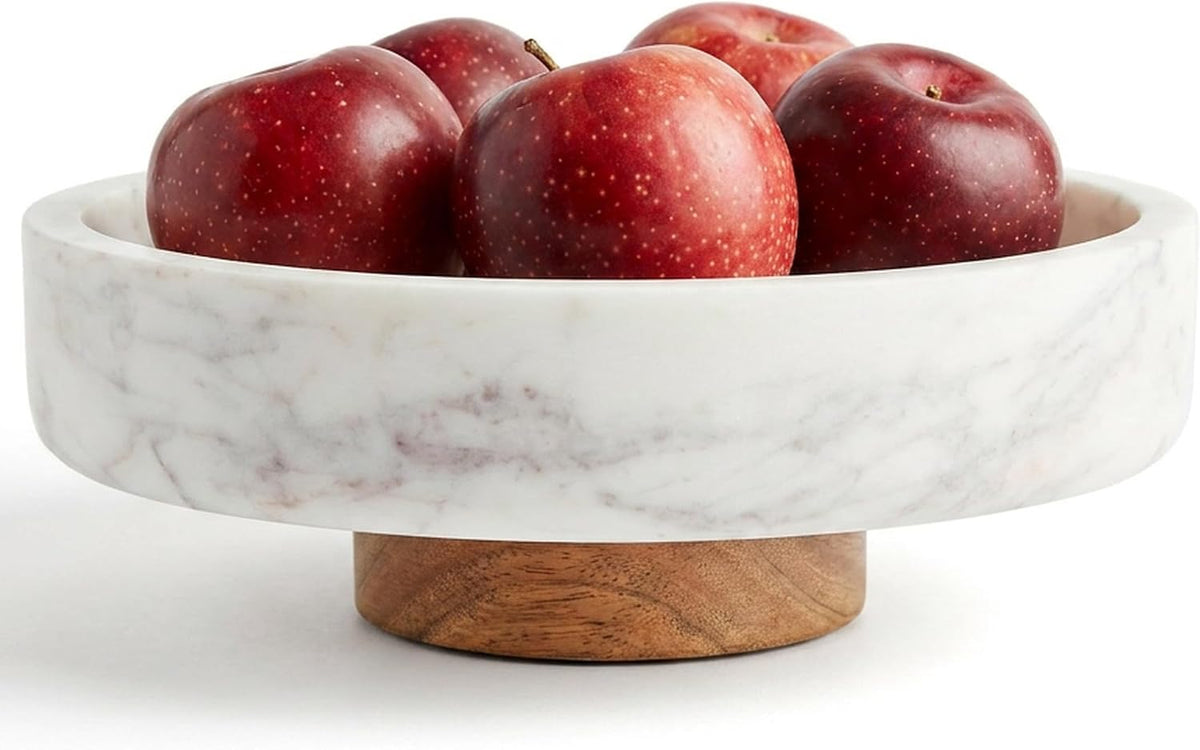 Evovee White Marble Fruit Bowl Decorative Home Decor Table Centerpiece Acacia...