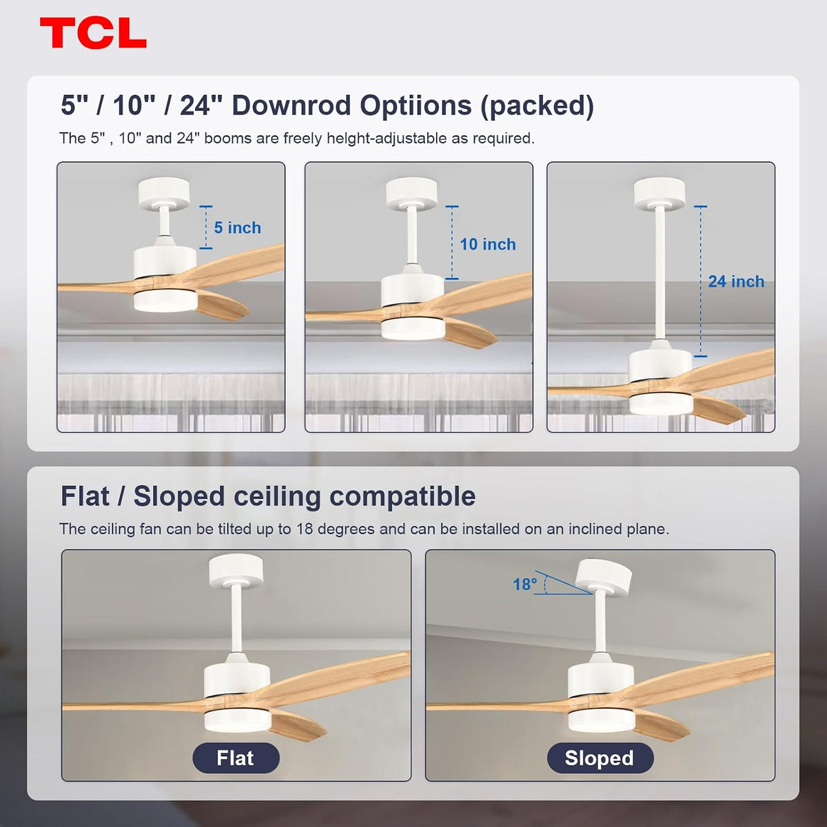 TCL 52" Natural Wood Downrod Ceiling Fan with Light & Remote