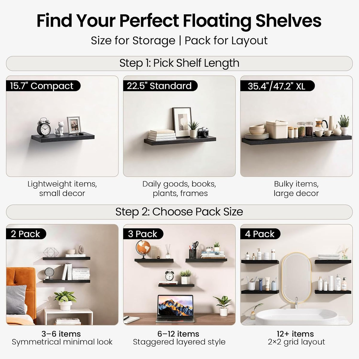 BAYKA Black Floating Shelves 22.5in, Set of 3, Wall Mounted for Wall Decor