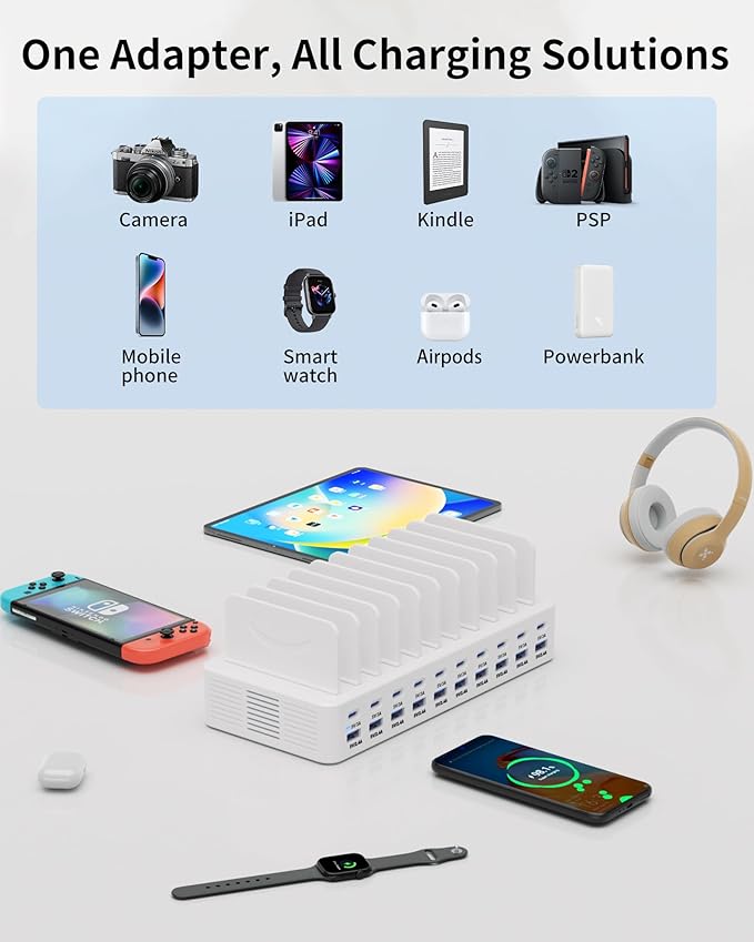270W Charging Station for Multiple Devices, 20-Port USB Fast Charging Station