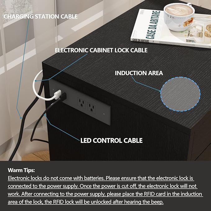 Auromie Nightstand with Charging Station and LED Lights, Concealment Furniture