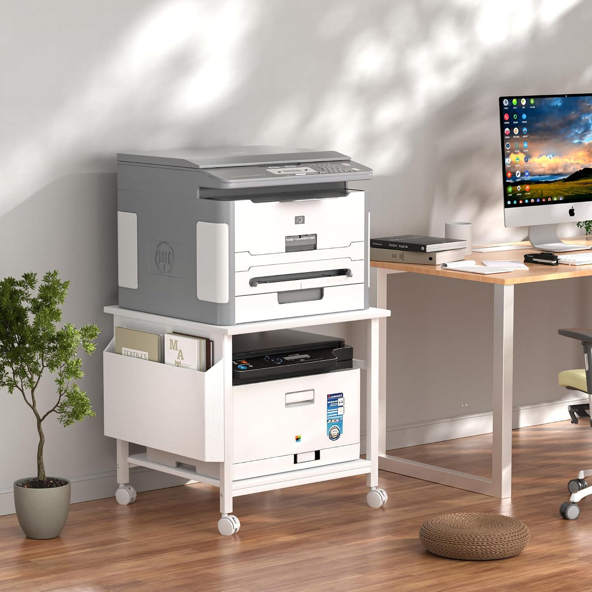 Large Printer Stand, 23.6 x 23.6 Inches Square Printer Stand with Storage She...