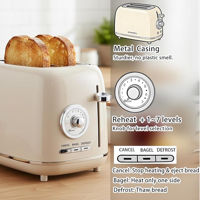 2-Slice Toaster, Wide Slots, 7 Bread Shade Settings, Stainless Steel, and