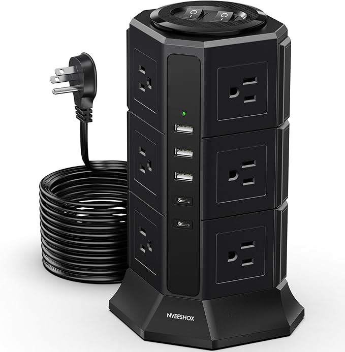 Surge Protector Power Strip Tower, 10FT Ultra Flat Extension Cord