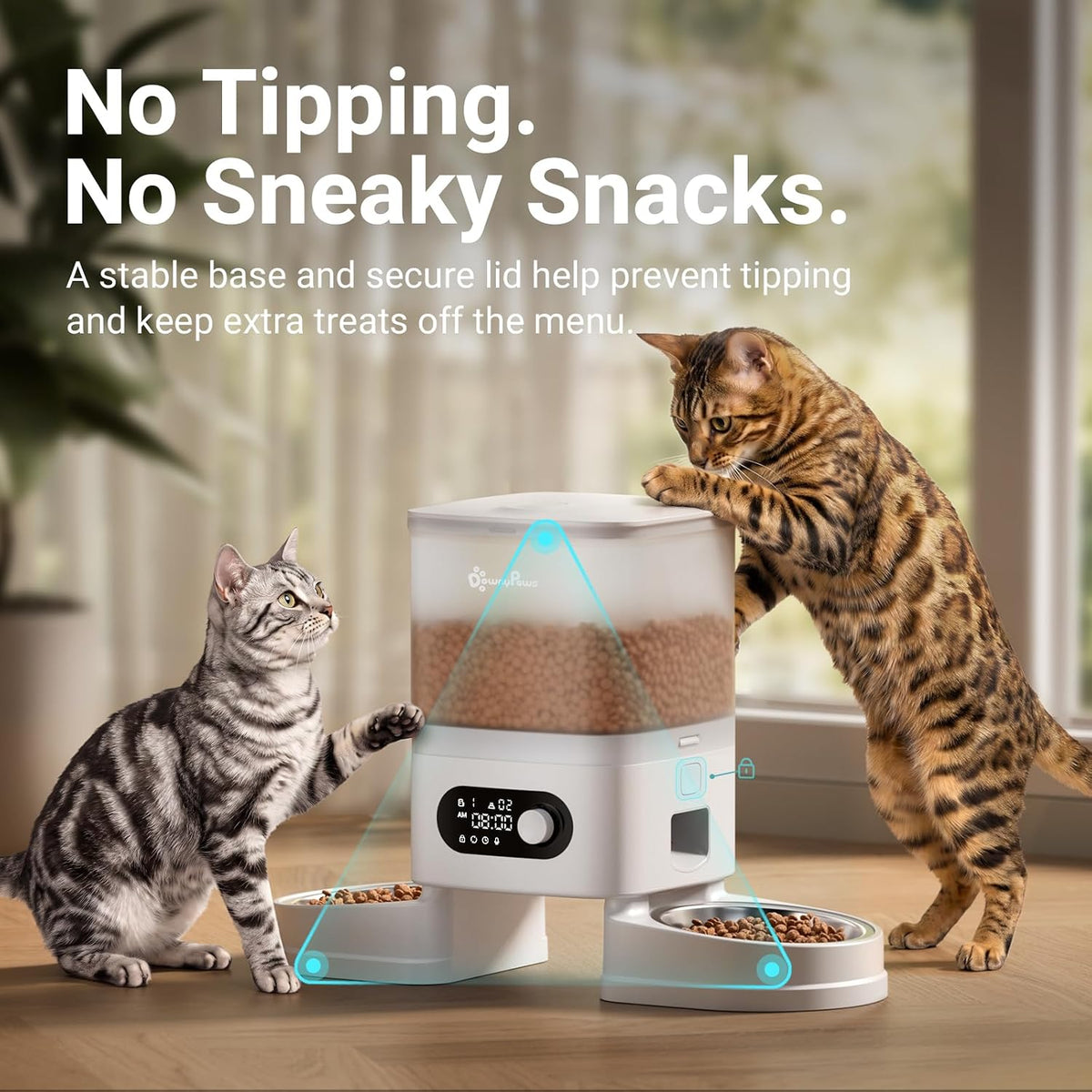 DownyPaws Automatic Cat Feeder 2 Cats, Rechargeable Timed Food Dispenser WH
