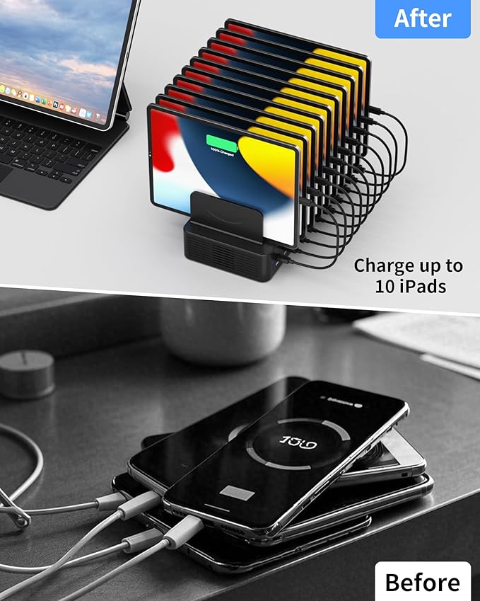 100W Charging Station for Multiple Devices, 10-Port USB Fast Charging Station