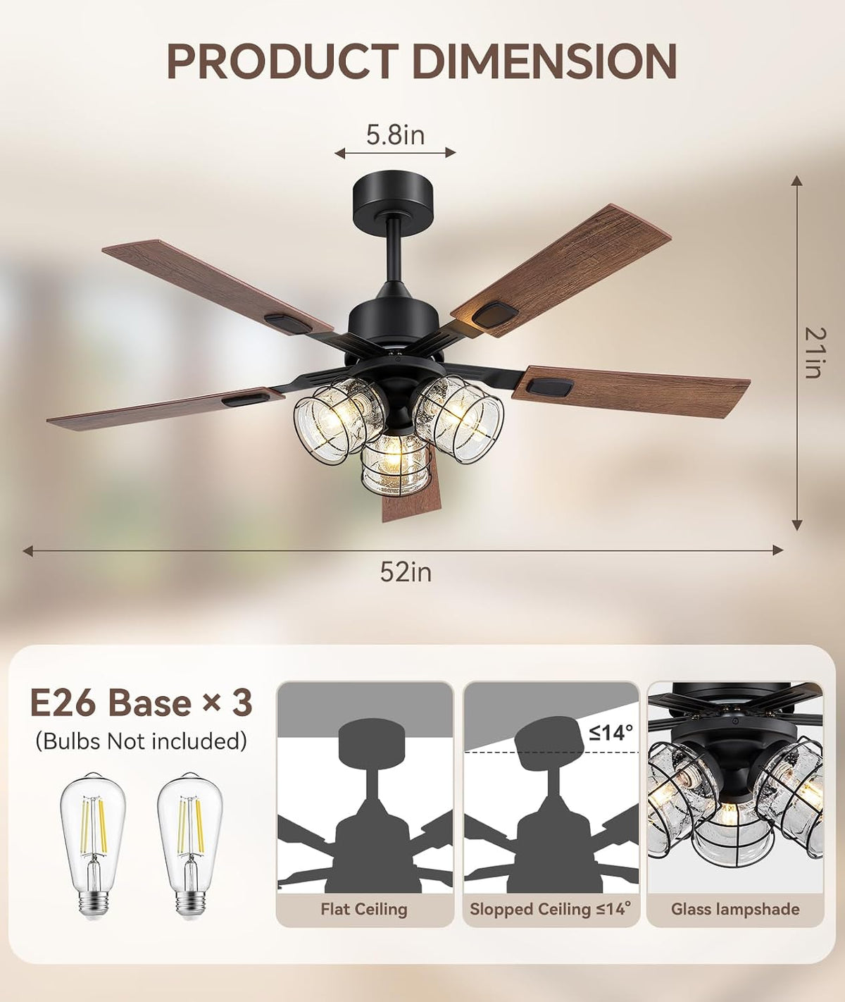 ZYD 52 Inch Farmhouse Ceiling Fan with Lights, Rustic Wood Fan with Remote