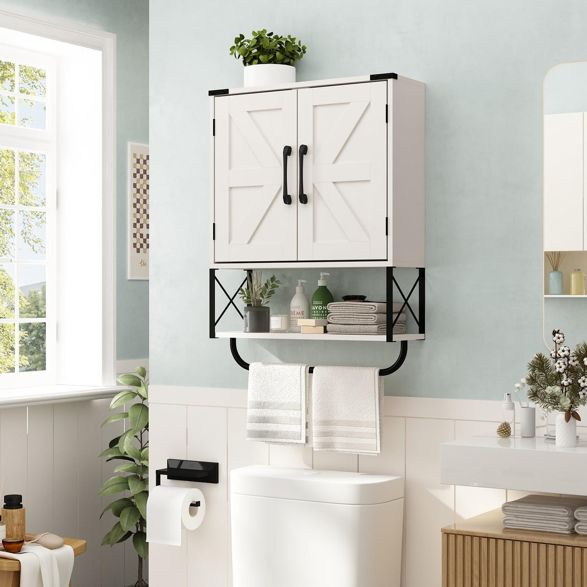 RUSTOWN Farmhouse Medicine Cabinet with 2 Barn Door & Towel Bar Rack