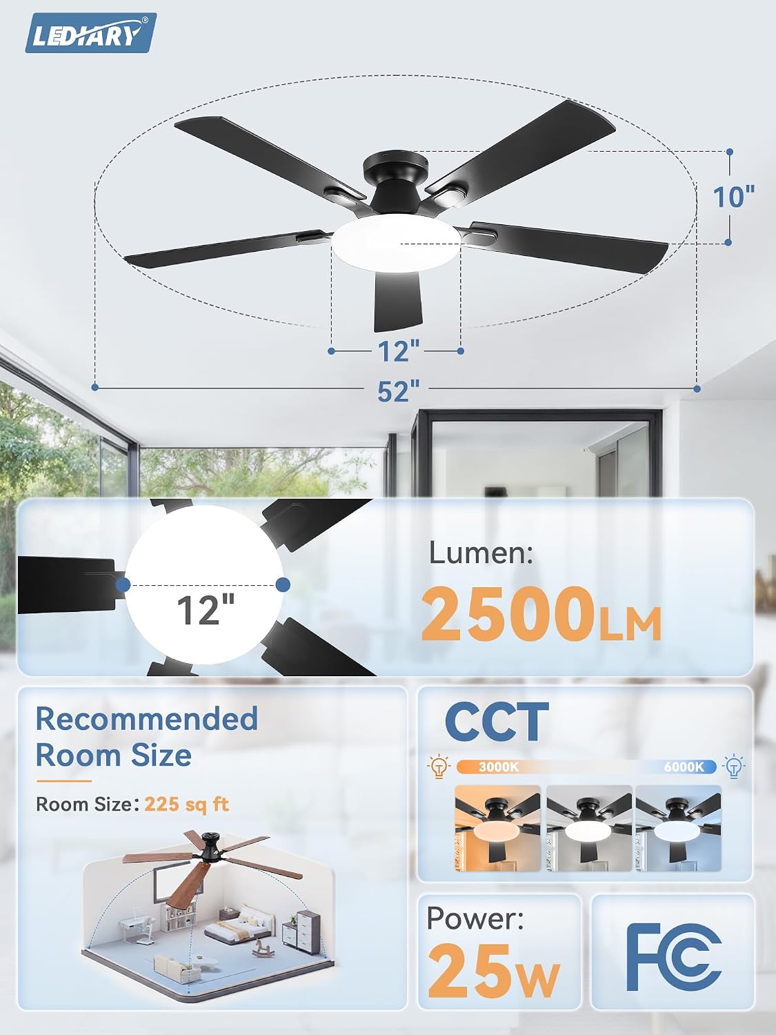 LEDIARY 52 Inch Flush Mount Ceiling Fans with Lights, Remote & APP Control