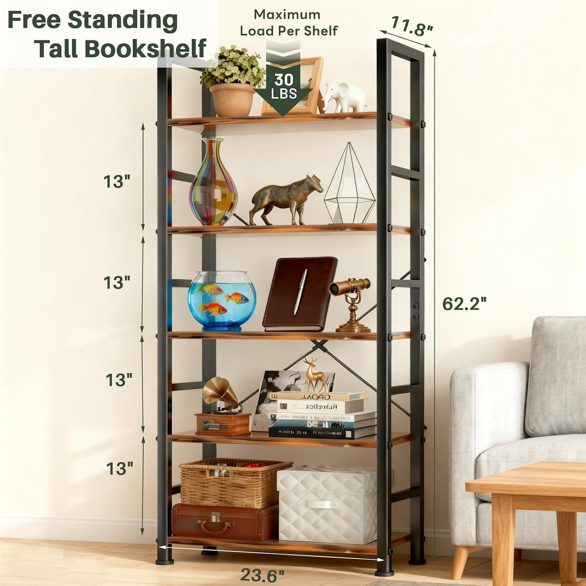 5 Tier Bookshelf, Free Standing Bookcase with Open Storage Shelves