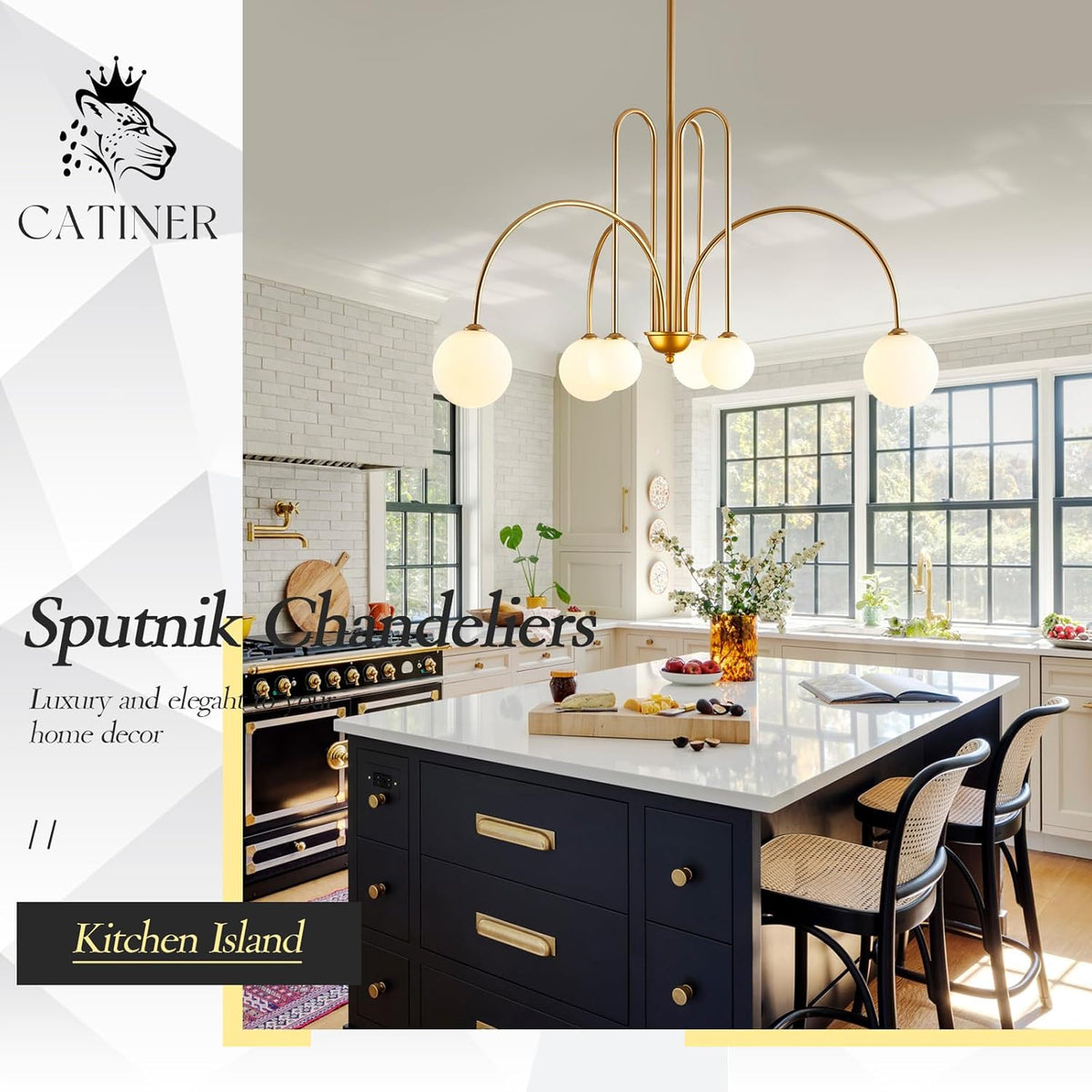 CATINER Modern 40" 6-Light Gold Sputnik Chandelier with Milk Glass Globe